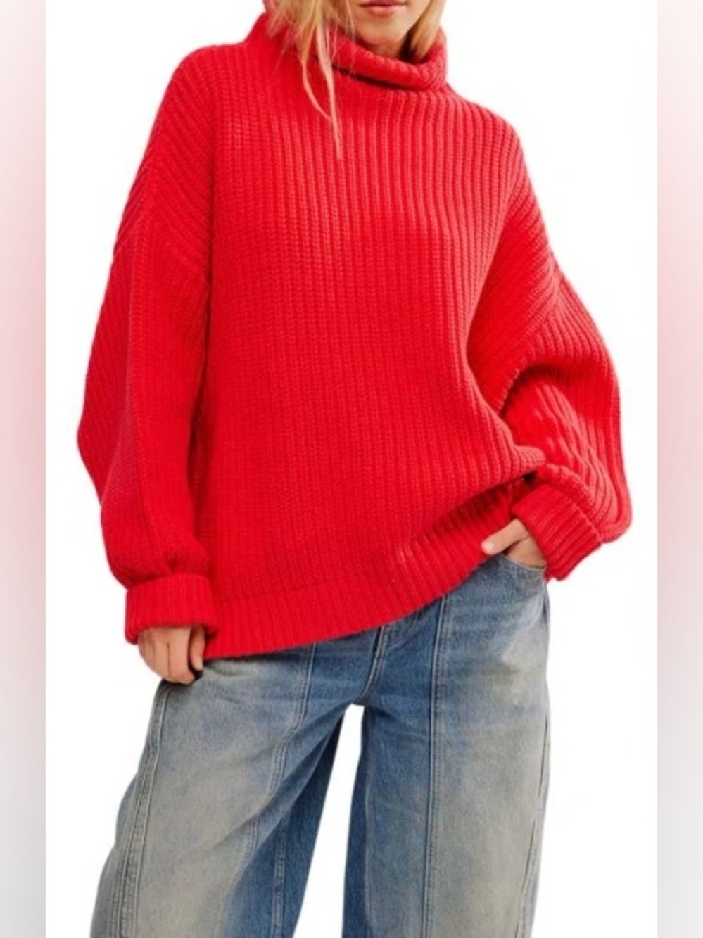 Free People Swim Too Deep Oversized Turtleneck Sweater Small Heart eyes red